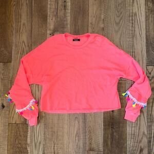 Michael Lauren Women’s Neon Pink Loose Crop Ruffle Tassel Sweatshirt NWOT Size S